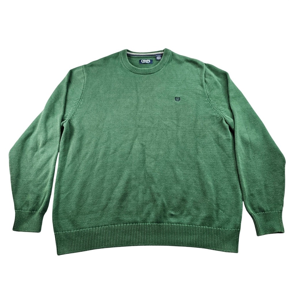 Chaps Sweater Mens 2XL Green Tight Knitted Long Sleeve Crew Neck Logo Pullover